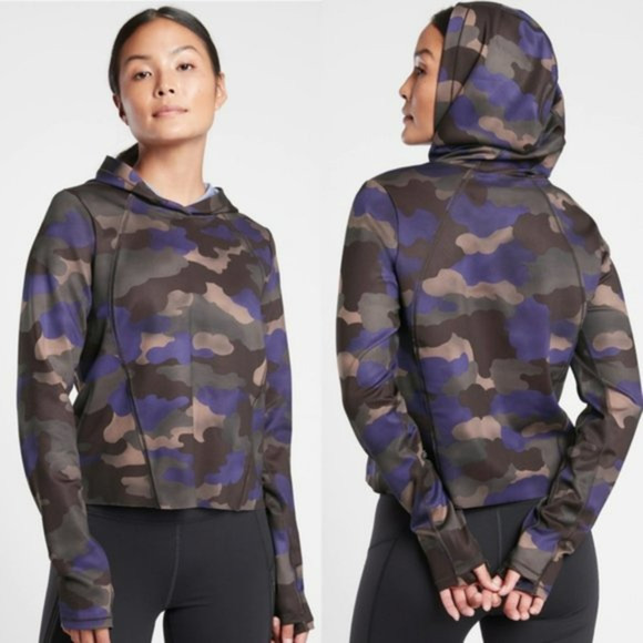 Athleta Pinnacle‎ Hoodie in Mantra Print Purple Brown Sweatshirt Size XS - Picture 1 of 16